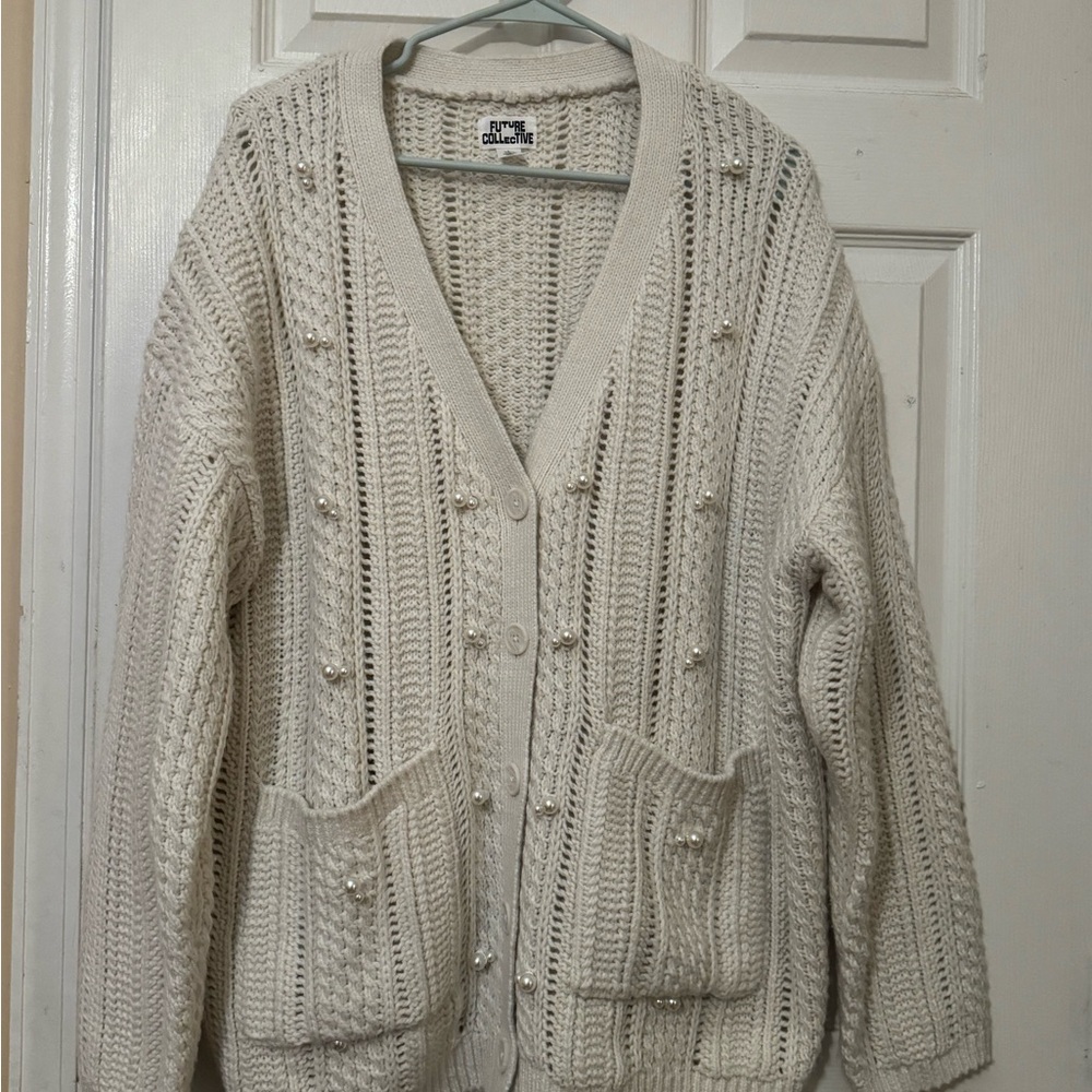 Floral Collective Women's Cream Pearl-Embellished Knit Cardigan